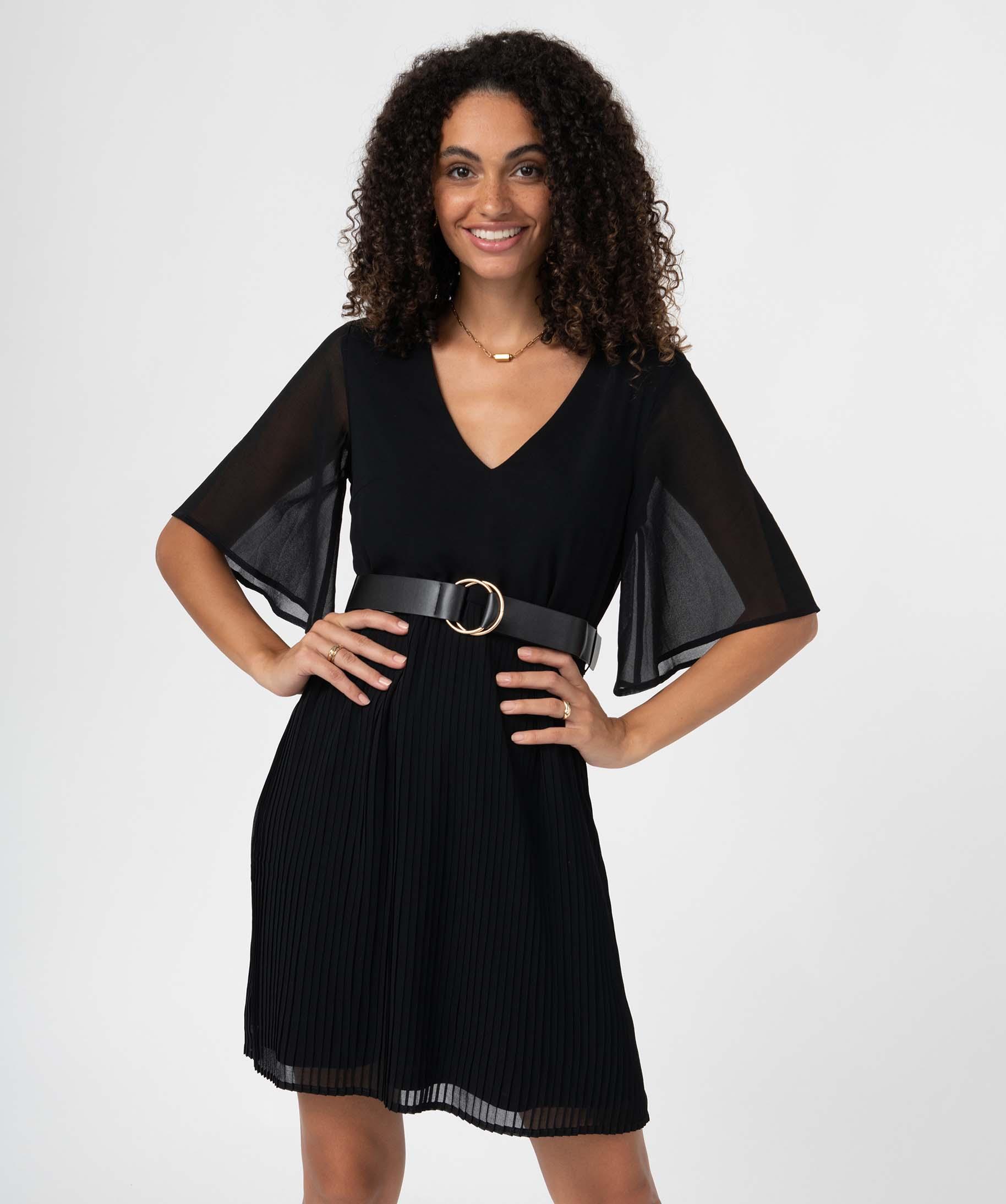 Robe femme avec col V et jupe pliss?�e noir | GEMO