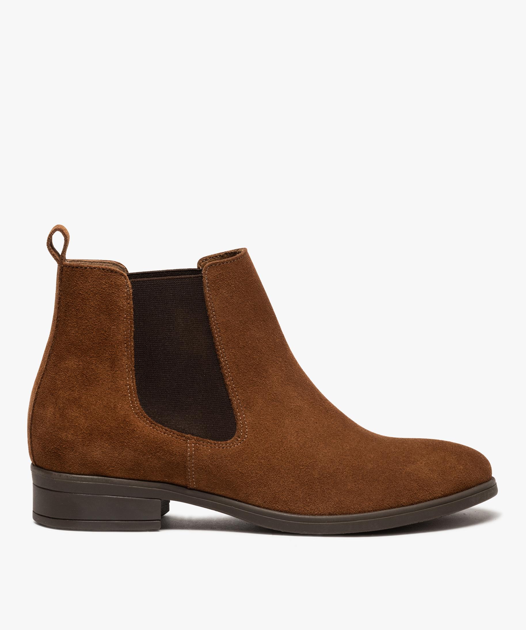 Boots femme à talon plat unis en cuir style Chelsea camel GEMO