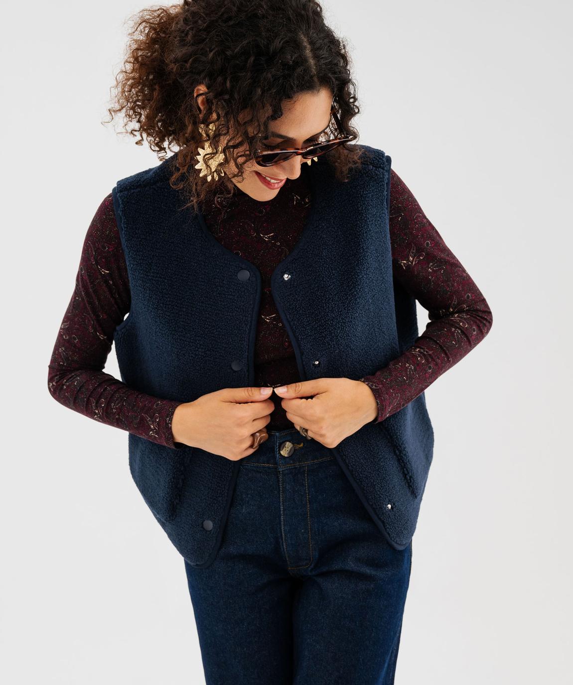 Veste sans manches en maille sherpa femme bleu marine | GEMO
