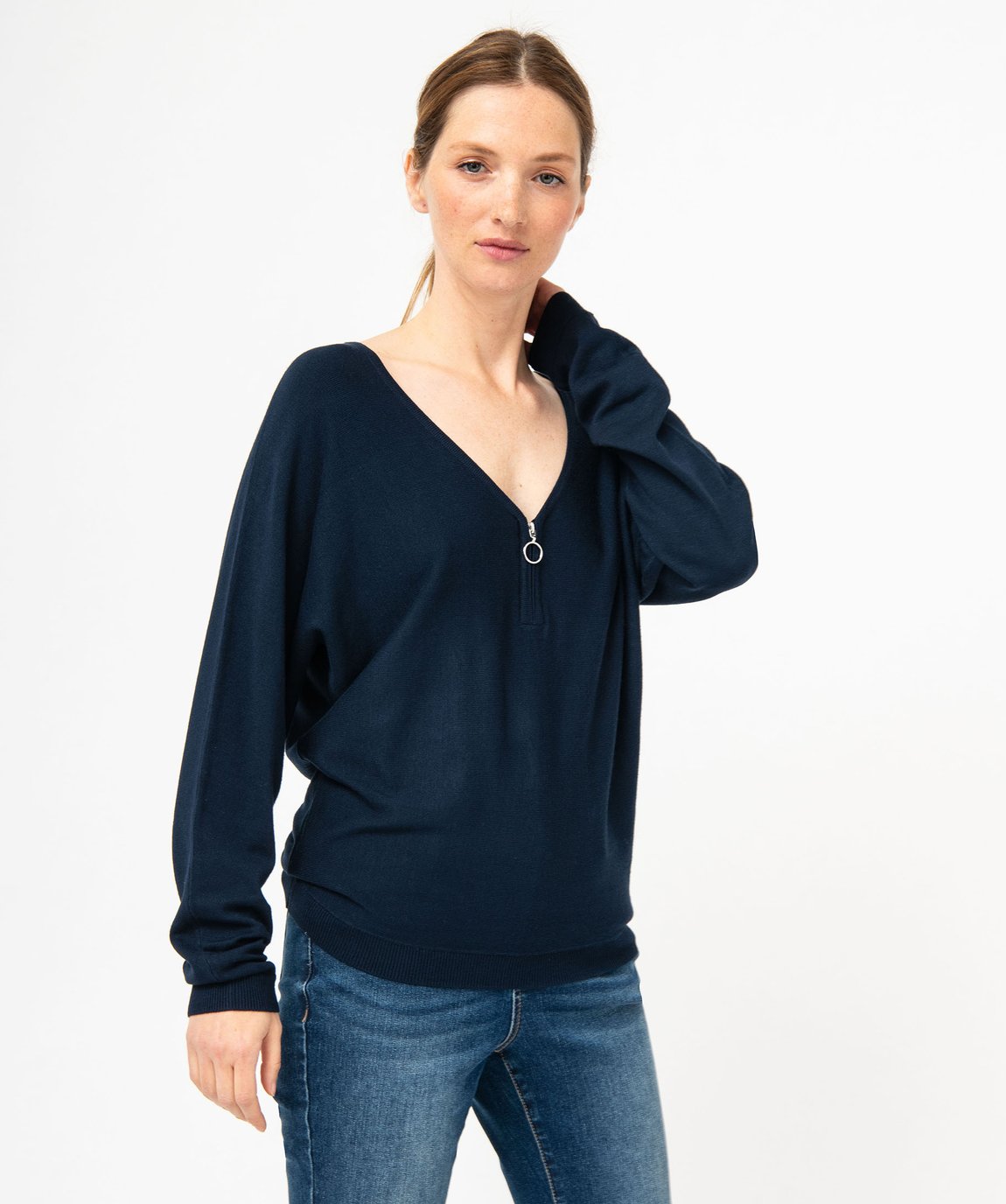 Pull Sisley Noir Pour Femme - Col V, Manches Chauve-souris, Taille M - Occasion Très Bon état