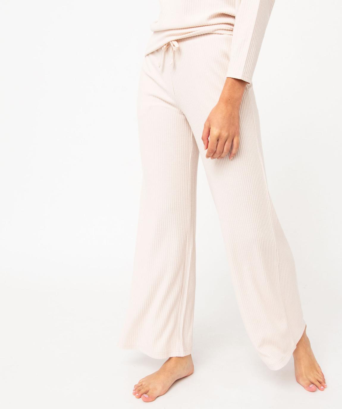 Lovasy Pyjama Femme en Polaire Douce Ensemble de Pyjama Hiver Chaud et Moelleux Col Rond Vêtements de Nuit à Manches Longue avec Poches,A-Blanc cassé,L