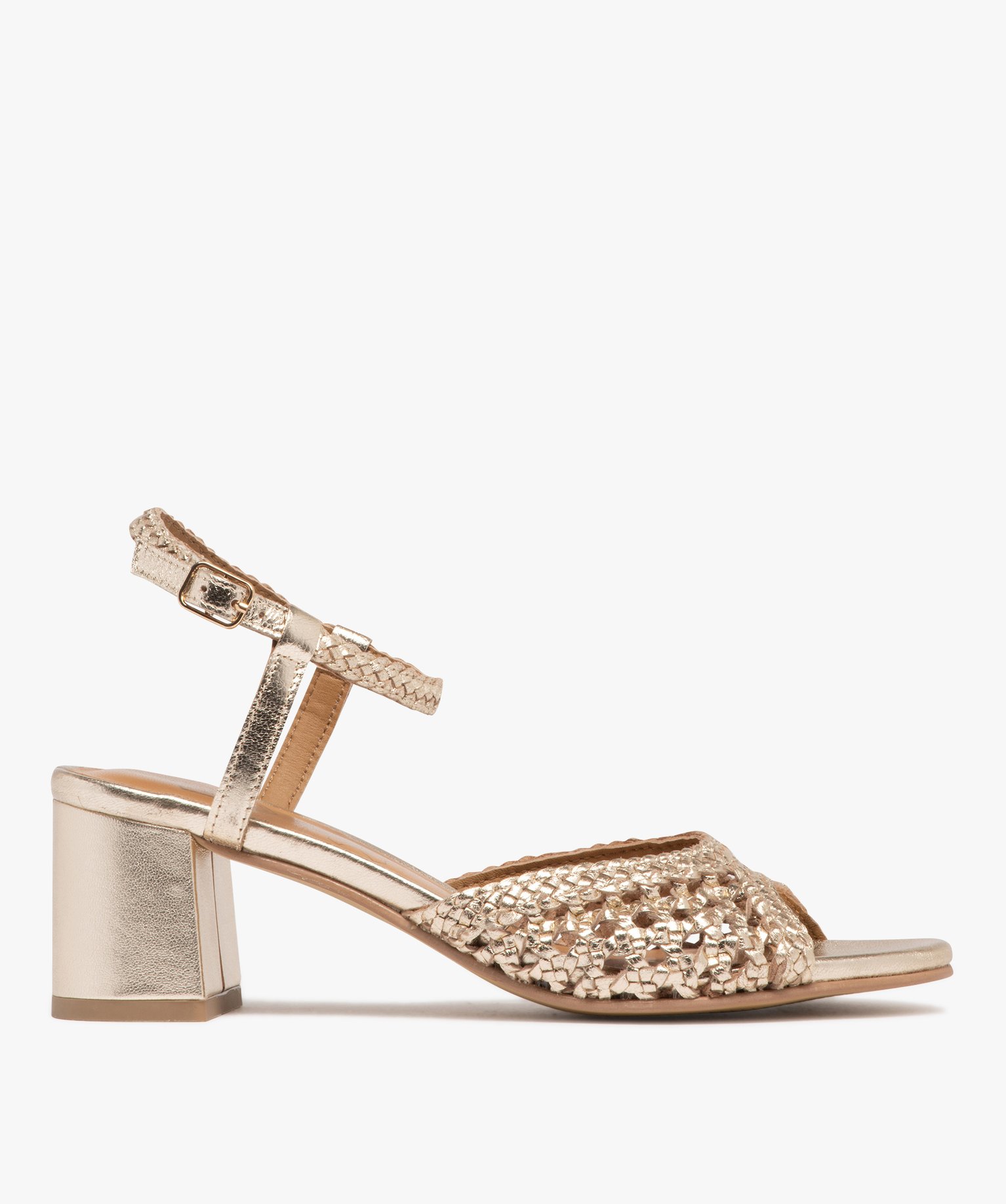 Mules en cuir véritable avec semelle compensée aspect tressé, beige