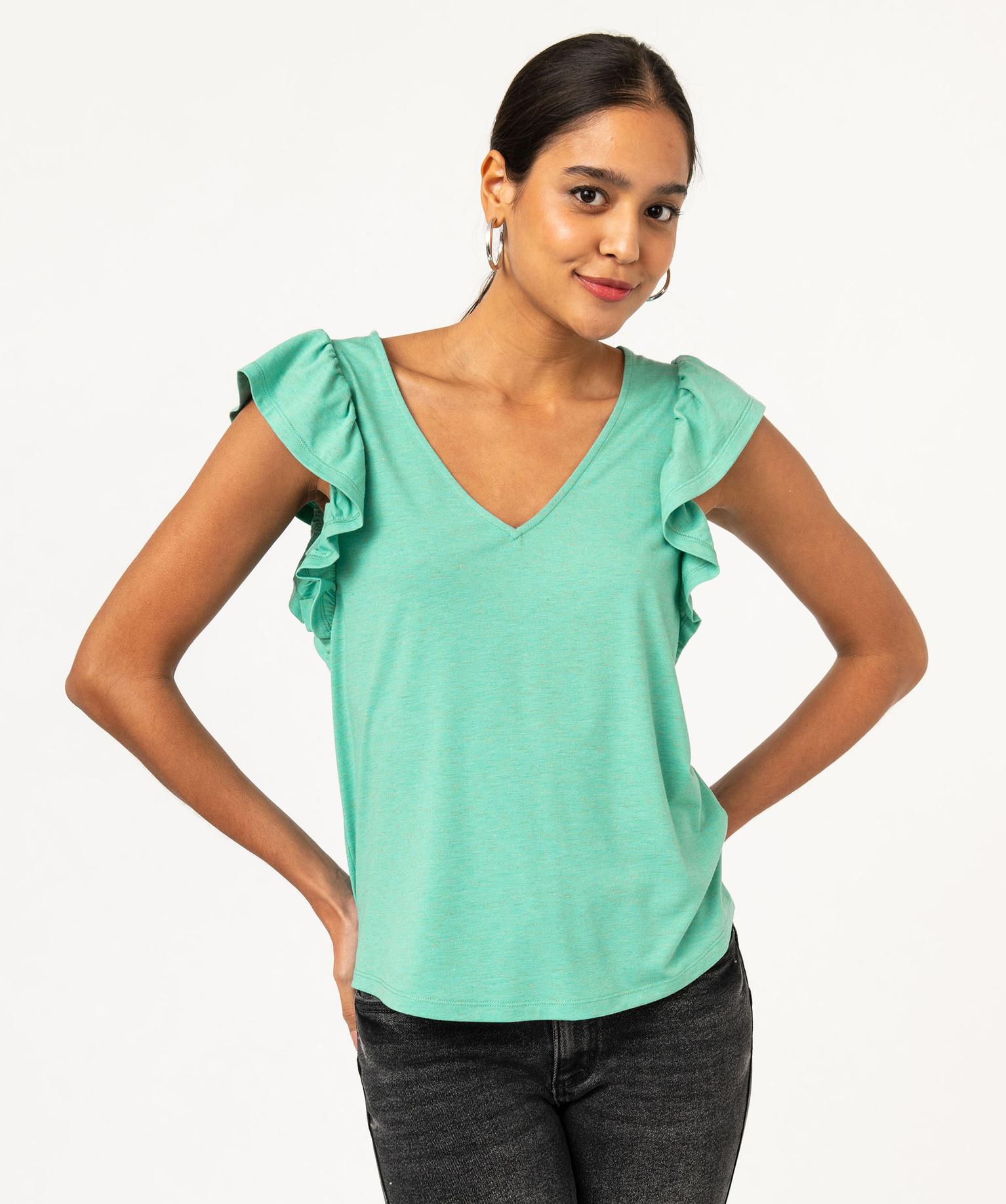 T-shirt Femme Dentelle Et Volants - Manches Courtes, Noir Et Blanc, Polyester, été