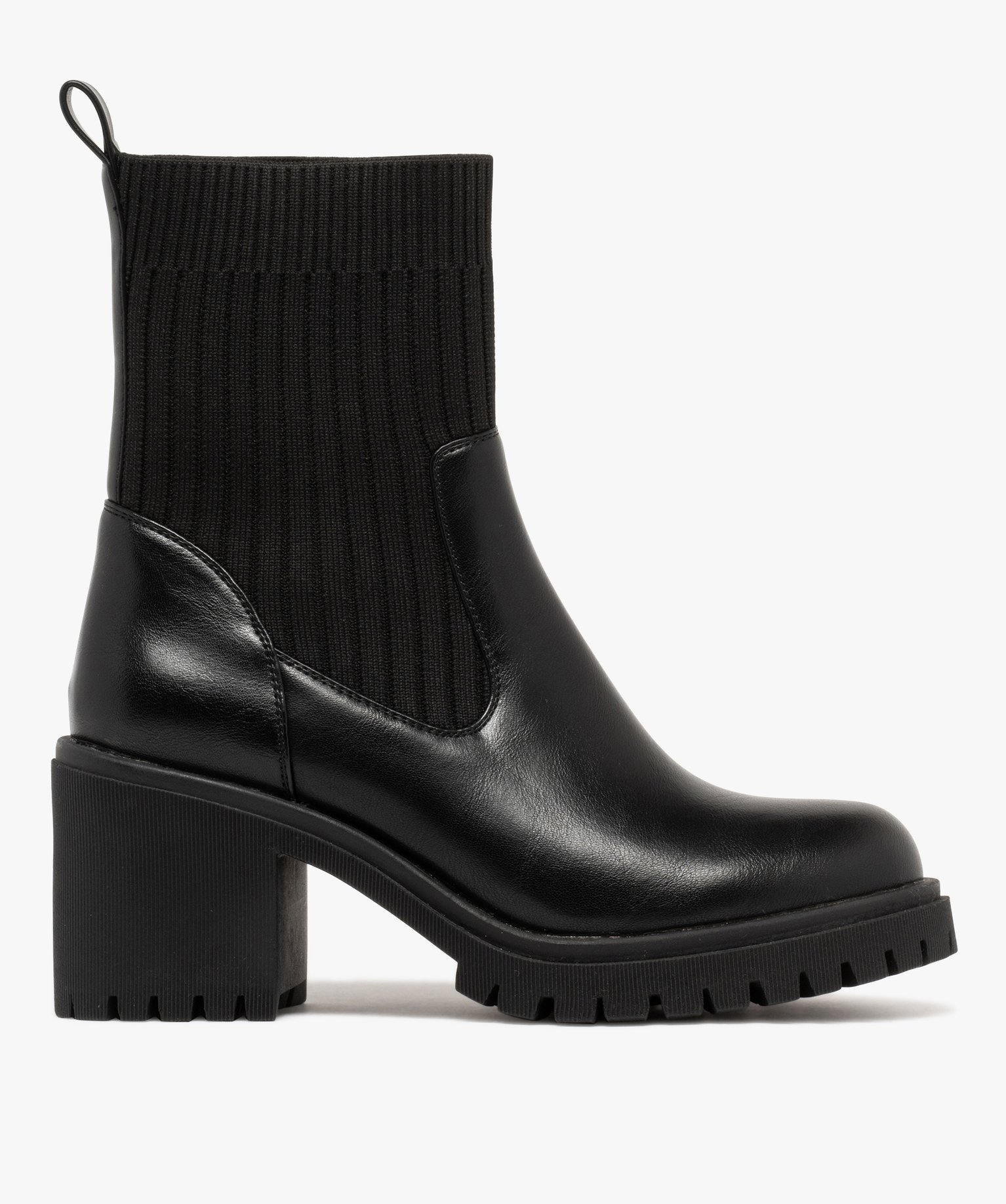 Boots femme à talon carré et crantées col chaussette noir | GEMO