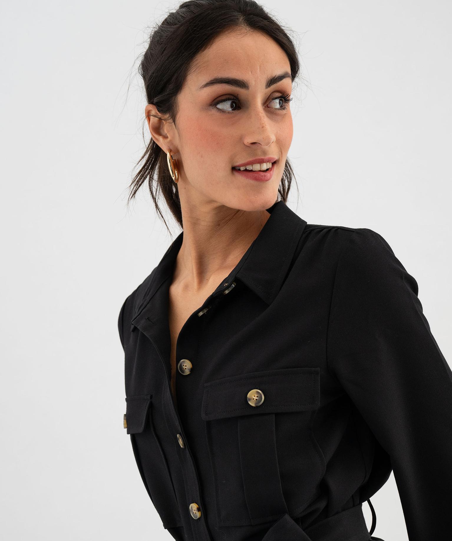 Robe chemise manches longues esprit saharienne femme noir | GEMO