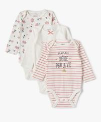 Body bébé fille manches longues à rayures et fleurs (lot de 3) vue1 - GEMO 4G BEBE - GEMO