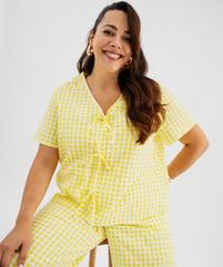 Blouse manches courtes en coton gaufré à carreaux vichy et col V femme grande taille vue1 - GEMO (G TAILLE) - GEMO