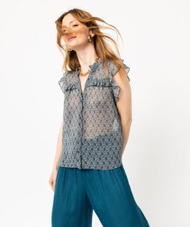 Blouse Sans Manches Esprit à Imprimé Vert Et Bleu - Taille 44 (voir Mesures)