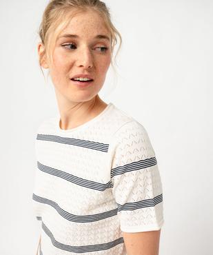 Pull à manches courtes en maille fantaisie et rayures femme - LuluCastagnette vue2 - LULUCASTAGNETTE - GEMO