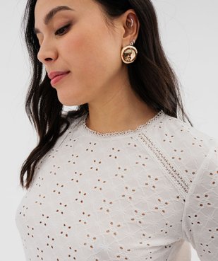 Tee-shirt manches longues en maille extensible ajourée et dentelle femme vue2 - GEMO(FEMME PAP) - GEMO