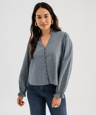 Chemise col V volanté et manches blousantes à carreaux femme vue1 - GEMO(FEMME PAP) - GEMO