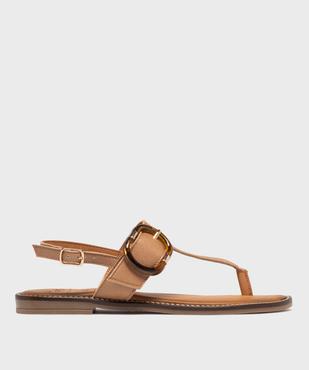 Sandales plates en cuir à entredoigt et grosse boucle fantaisie femme - Tanéo vue1 - TANEO - GEMO