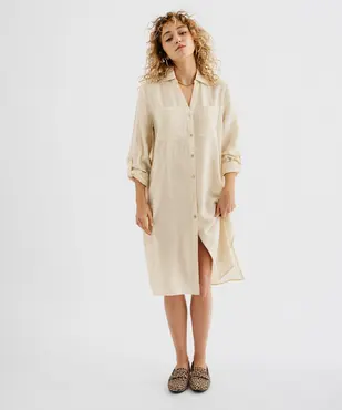 Chemise longue en viscose froissée à manches longues retroussables femme vue1 - GEMO 4G FEMME - GEMO