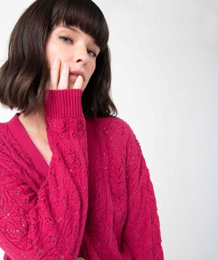 Gilet femme court en maille ajourée et gros boutons vue5 - GEMO(FEMME PAP) - GEMO