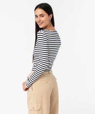Tee-shirt manches longues col tunisien à rayures femme vue3 - GEMO 4G FEMME - GEMO