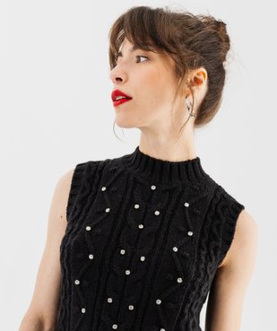 Pull sans manches en grosse maille torsadée à strass femme vue2 - GEMO(FEMME PAP) - GEMO