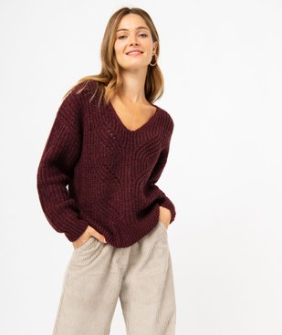 Pull à col V en maille ajourée à paillettes femme  vue1 - GEMO(FEMME PAP) - GEMO