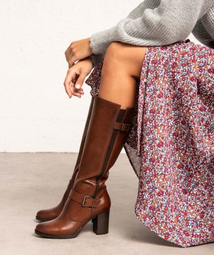 Bottes femme à talon dessus cuir uni avec brides décoratives - Tanéo vue1 - TANEO - GEMO