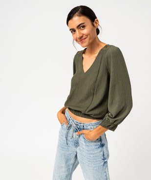 Tee-shirt manches 3/4 en maille gaufrée avec col V femme vue1 - GEMO(FEMME PAP) - GEMO