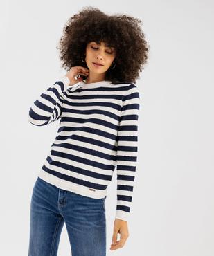 Pull rayé en coton en maille ajourée femme - LuluCastagnette vue1 - LULU CASTAGNETTE GEMO FOR GOOD - GEMO