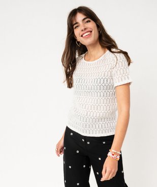 Tee-shirt manches courtes en maille de coton ajourée femme vue1 - GEMO(FEMME PAP) - GEMO
