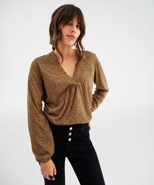 Tee-shirt manches longues imprimé col V fantaisie femme vue1 - GEMO 4G FEMME - GEMO
