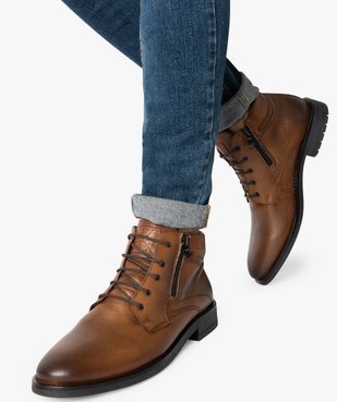 Boots homme en cuir uni fermeture lacets et zip - Tanéo vue1 - TANEO - GEMO