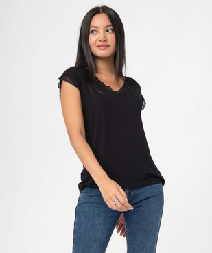Tee-shirt femme à manches courtes avec col V en dentelle vue1 - GEMO 4G FEMME - GEMO