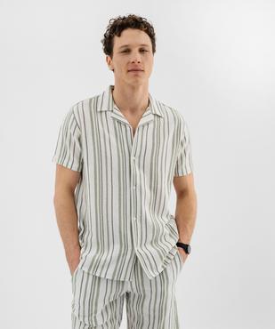 Chemise manches courtes col cubain en textile de coton tissé rayé homme vue1 - GEMO 4G HOMME - GEMO