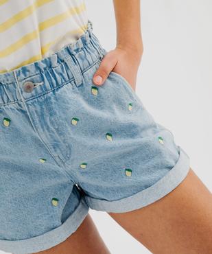 Short en jean délavé coupe ample et taille paper bag à motifs brodés femme vue2 - GEMO(FEMME PAP) - GEMO