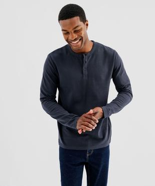 Tee-shirt manches longues en coton piqué avec col tunisien homme vue1 - GEMO 4G HOMME - GEMO