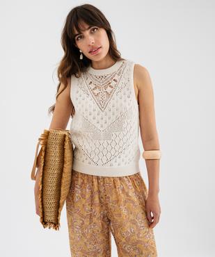 Pull sans manches en maille ajourée avec plastron femme vue1 - GEMO 4G FEMME - GEMO