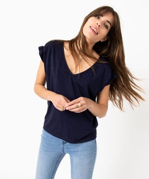 Tee-shirt femme à manches courtes froncées et col V vue5 - GEMO(FEMME PAP) - GEMO