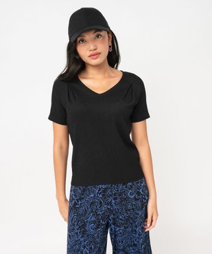 Tee-shirt manches courtes en maille texturée à col V femme vue1 - GEMO(FEMME PAP) - GEMO