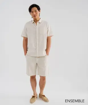 Ensemble chemise manches courtes et short en lin beige pour homme - GEMO