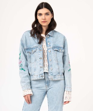Veste en jean courte et ample avec broderies fleuries femme vue2 - GEMO(FEMME PAP) - GEMO