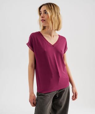 Tee-shirt à manches courtes et col V en dentelle coupe loose femme vue1 - GEMO 4G FEMME - GEMO