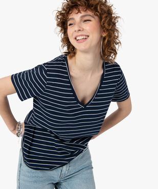 Tee-shirt femme rayé à manches courtes avec col V vue2 - GEMO(FEMME PAP) - GEMO