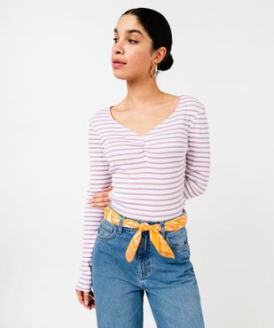 Tee-shirt rayé à manches longues et col V femme vue1 - GEMO 4G FEMME - GEMO