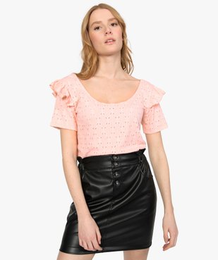 Tee-shirt femme en crêpe ajouré et volant vue1 - GEMO(FEMME PAP) - GEMO