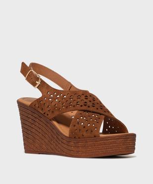 Sandales à talon compensé en cuir avec larges brides croisées ajourées femme - Tanéo vue2 - TANEO - GEMO