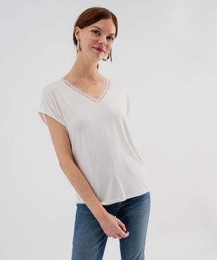 Tee-shirt manches ultra courtes avec col V en dentelle femme vue1 - GEMO 4G FEMME - GEMO