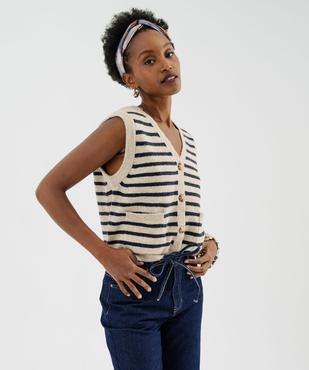 Gilet sans manches en laine rayée femme vue1 - GEMO(FEMME PAP) - GEMO