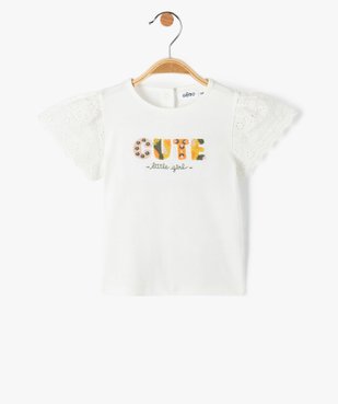 Tee-shirt bébé fille à manches en dentelle anglaise vue1 - GEMO(BEBE DEBT) - GEMO
