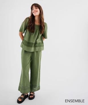 Ensemble blouse et pantalon en gaze de coton kaki pour femme  - GEMO