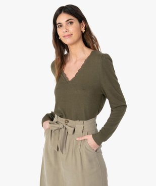 Tee-shirt femme en maille à col V en dentelle vue1 - GEMO(FEMME PAP) - GEMO