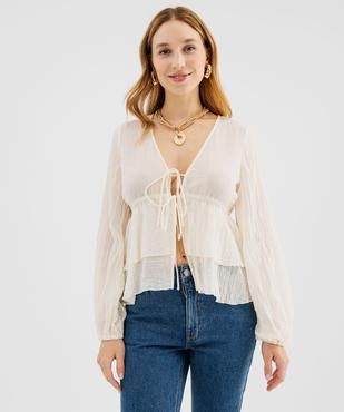 Blouse manches longues à volants et liens à nouer femme vue1 - GEMO(FEMME PAP) - GEMO