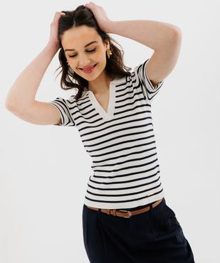 Pull à manches courtes rayé façon polo femme - LuluCastagnette vue2 - LULU CASTAGNETTE GEMO FOR GOOD - GEMO