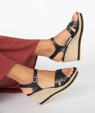Sandales femme à talon compensé et brides unies en cuir vue1 - GEMO(URBAIN) - GEMO