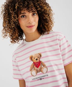 Tee-shirt manches courtes en jersey rayé motif ourson femme - LuluCastagnette vue2 - LULU CASTAGNETTE GEMO FOR GOOD - GEMO